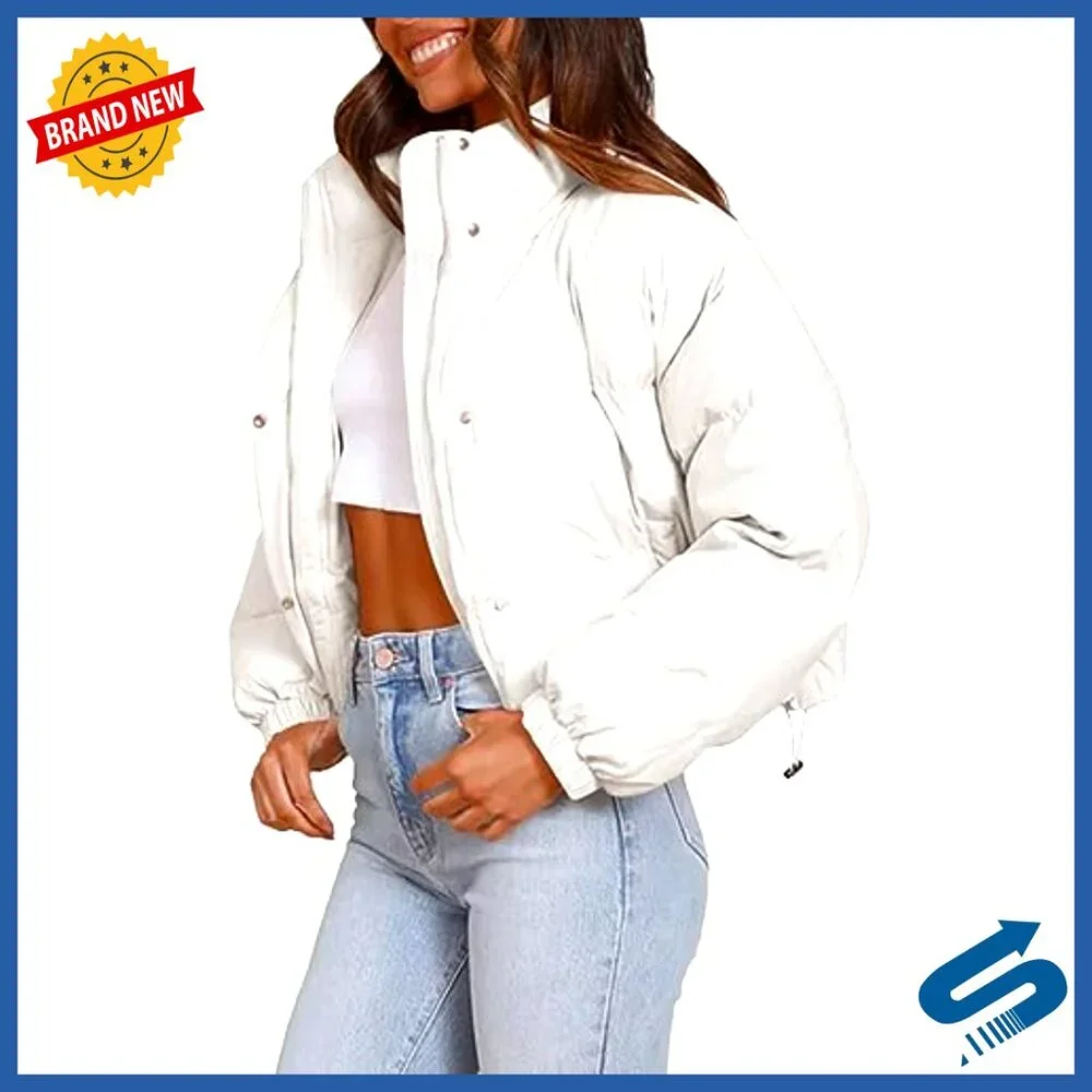 Cropped Puffer Jacket, Quilted Polyester, Long Sleeve, Stand Collar, Zipper - Picture 2 of 7